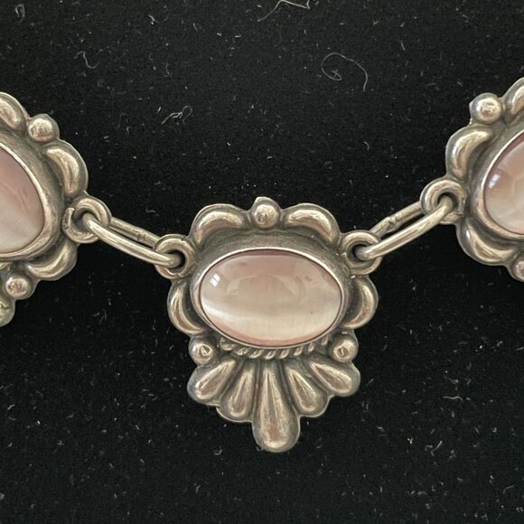 Vintage Mexico GC80 Sterling Silver Pink Mother of Pearl Stations Necklace 19" - Picture 5 of 10